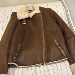 Aqua Cream and Brown Leather Jacket with Plush Lining and Asymmetrical Zipper